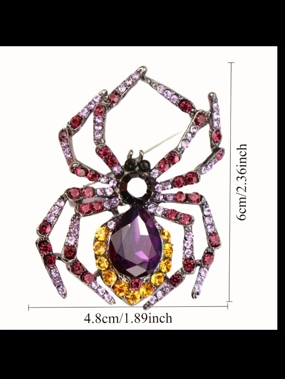 Spider Brooch Pin with Purple, Black  & Yellow Crystals - Picture 2 of 2